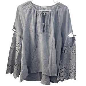 Hana San Blue White Striped Eyelet Bell Sleeve Cotton Blouse Top Womens 38 M